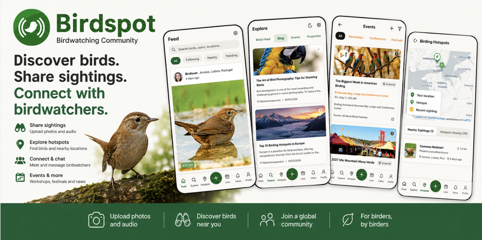 BirdSpot app screens showing feed, sightings and community